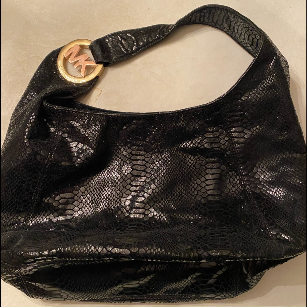 Michael Kors Hobo Handbag Black snake print solid